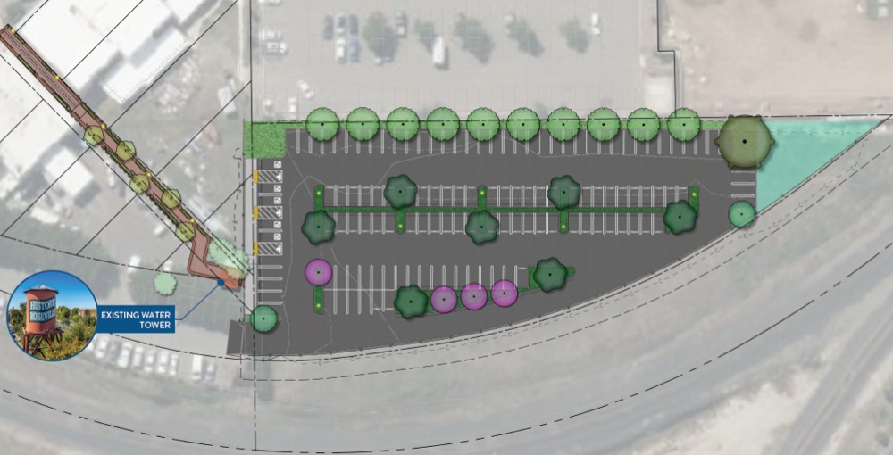 Rendering of a parking lot and pedestrian pathway connecting it to nearby business